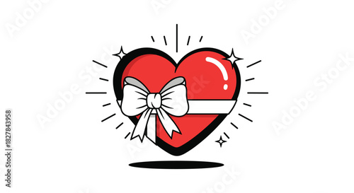Vibrant red heart adorned with a pristine white bow and sparkling lines radiating joy and affection on a white background.