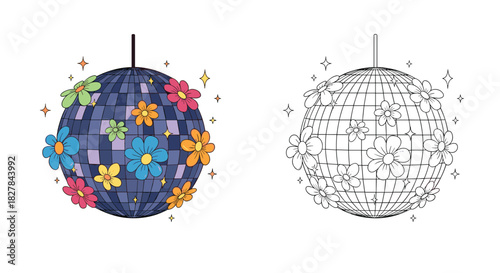 Groovy disco ball festively decorated with colorful flowers presented in both vibrant color and detailed line art style.