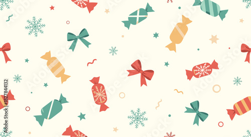 Festive seamless pattern featuring colorful wrapped candies and decorative bows with snowflakes and scattered stars for holiday cheer.