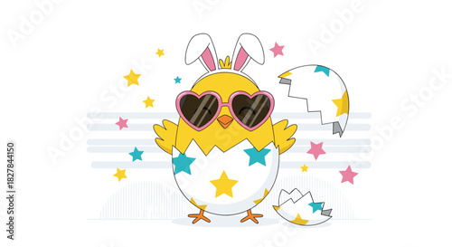 Adorable baby chick hatching from a cracked egg wearing bunny ears and heart-shaped sunglasses surrounded by colorful stars.