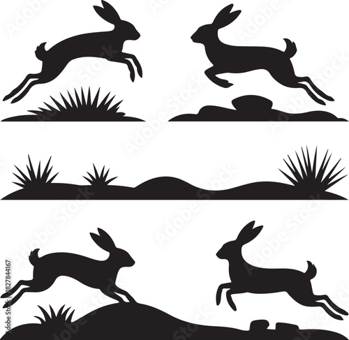 Silhouette of Rabbits Jumping over Grass Humps Vector Illustration Set