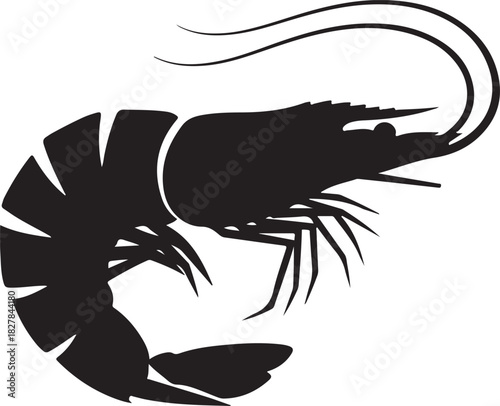 Black shrimp silhouette isolated on a clean white background, side view. aquatic seafood vector icon.