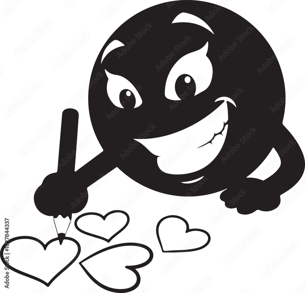 Fototapeta premium Mischievous black cartoon smiley face character drawing many heart shapes with a pencil vector illustration.