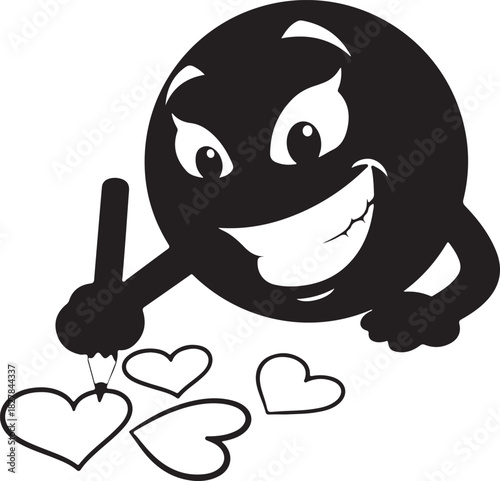 Mischievous black cartoon smiley face character drawing many heart shapes with a pencil vector illustration.