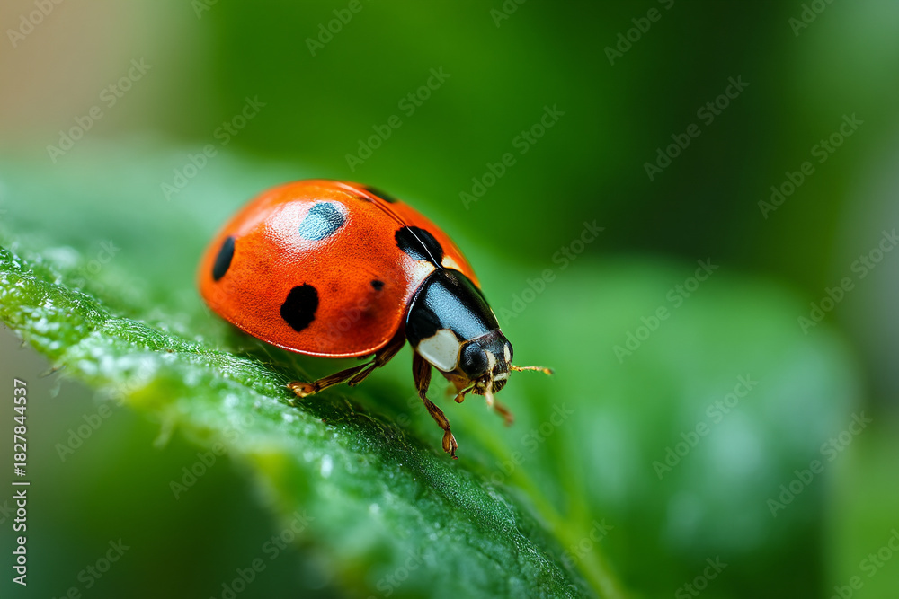 Fototapeta premium A vibrant close-up of a ladybug crawling on a green leaf, highlighting natural pest control and garden biodiversity.