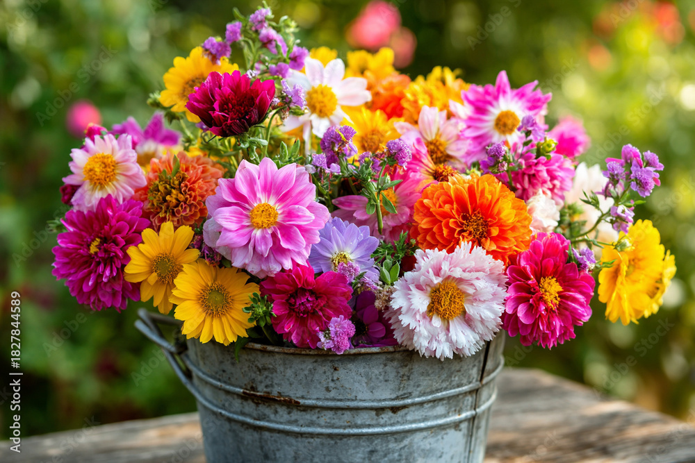 custom made wallpaper toronto digitalA vibrant collection of freshly cut flowers in a galvanized bucket, symbolizing garden beauty and floral harvest.