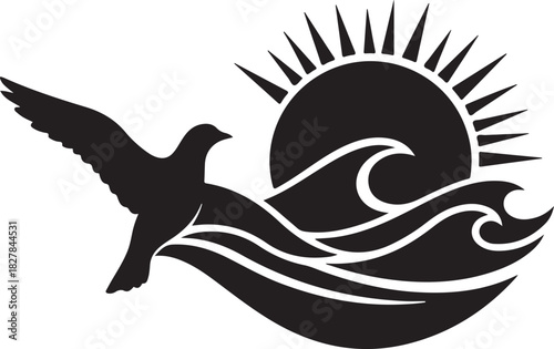 Black silhouette of a bird soaring over dynamic ocean waves with a radiant sun, freedom symbol