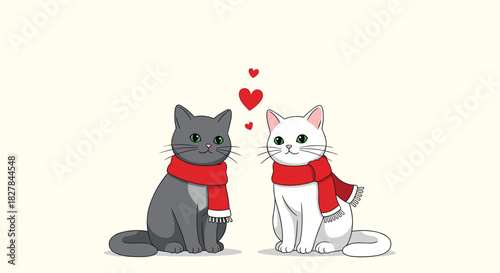 Adorable pair of cartoon cats wearing cozy red scarves and surrounded by floating hearts perfect for a sweet romantic design.