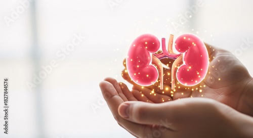 Human hands cradling a glowing anatomical kidney model symbolizing vital organ health and medical care