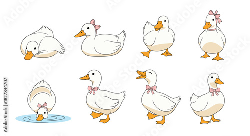 Charming collection of eight adorable cartoon ducks showcasing diverse poses and activities with some wearing sweet pink bows.