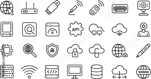 Black outline icons show networking, cloud, server, database, internet and computer connectivity, transparent background