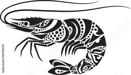 Ornamental tribal shrimp vector illustration featuring intricate decorative patterns and long flowing antennae.