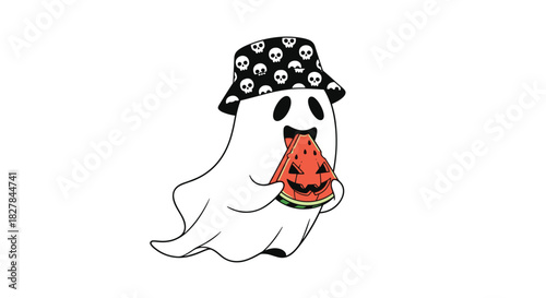 Playful cartoon ghost wearing a trendy skull-patterned bucket hat happily eating a slice of watermelon for summer fun.