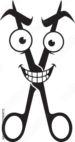 Smiling cartoon scissors forming a cheerful face, a creative concept for barbershops and crafts