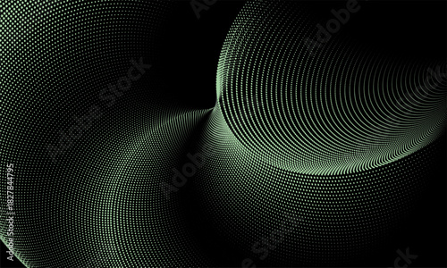 Dynamic dot pattern flow in green tones, colored particle wave abstract vector.