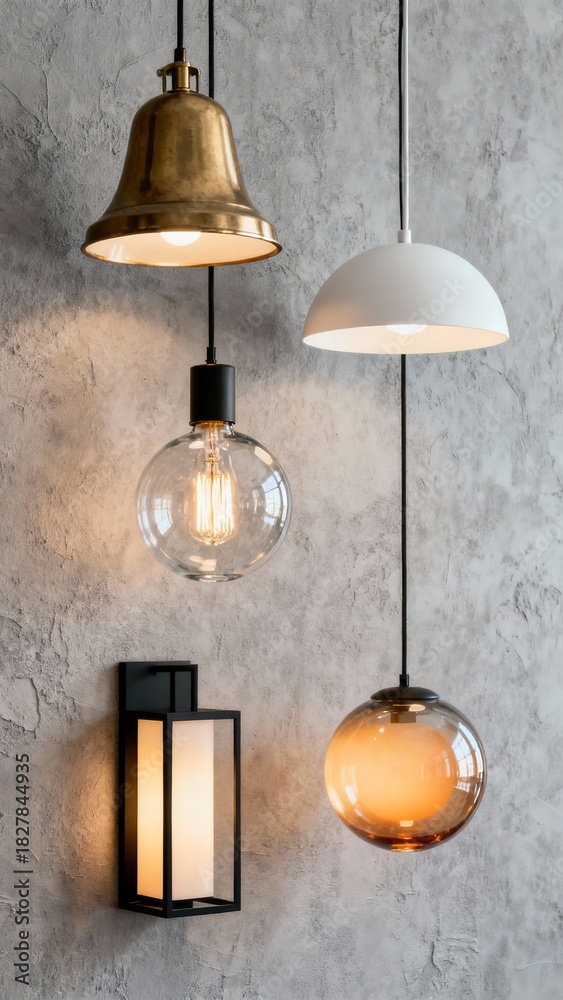 Obraz premium Various pendant and wall-mounted light fixtures with exposed bulbs and different designs against a textured gray wall