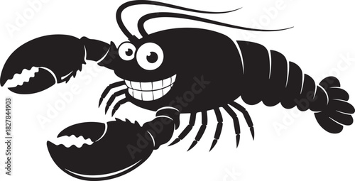 Cartoon happy lobster silhouette vector illustration with big claws and smiling face on white