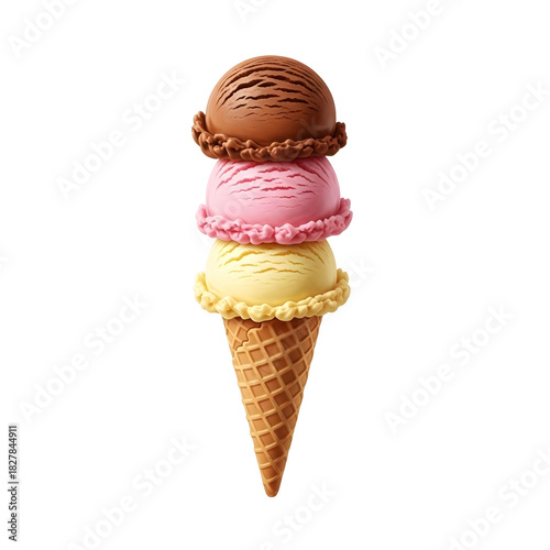 A perfectly stacked tower of chocolate strawberry and vanilla ice cream scoops on a crisp waffle cone