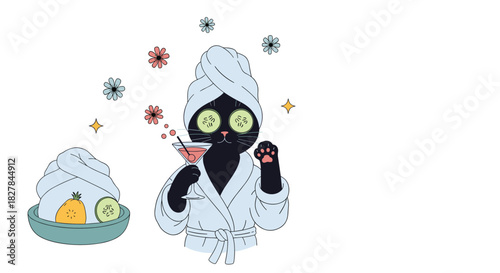 Humorous black cat enjoying a spa day wearing a robe cucumber slices and drinking a cocktail with a fruit bowl nearby.