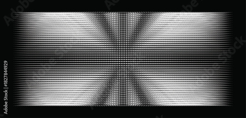 Hidden elusive x pattern and radiating halftone grid, abstract black and white optical vector banner and header background.