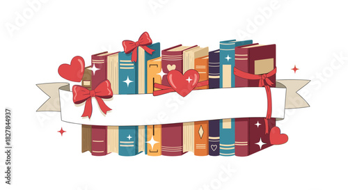 Colorful stack of books adorned with red ribbons and hearts featuring a blank white banner for personalized text.