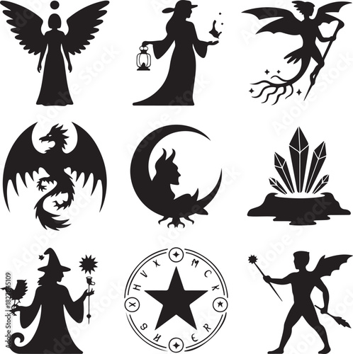 Silhouettes of fantasy and mythological creatures and symbols in vector format