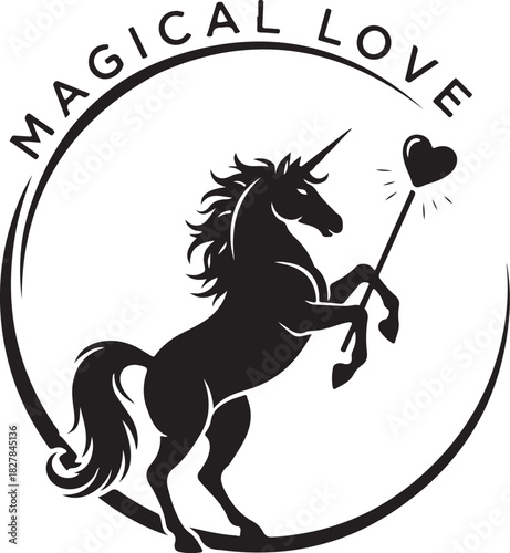 Magical love unicorn silhouette emblem with heart staff in circular frame, fantasy, magic, romance.