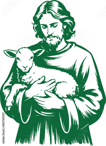 Dark green monochromatic biblical character lovingly holds a small white lamb tenderly to his chest