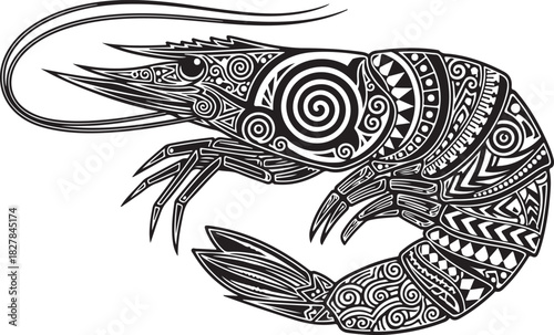 Intricately patterned shrimp illustration, tribal style seafood design with swirling motifs, ocean art