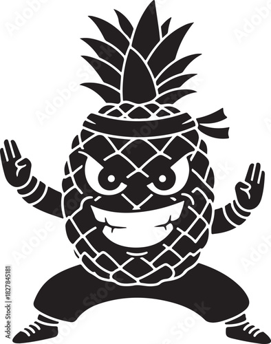 Aggressive cartoon pineapple character in a martial arts stance, powerful tropical fruit icon design