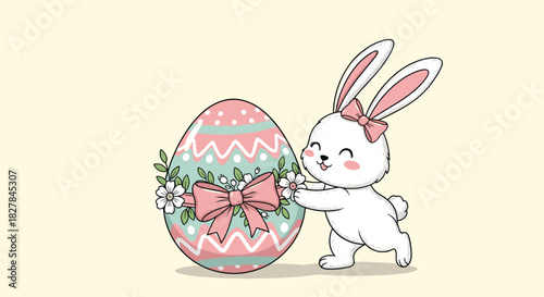 Adorable white Easter bunny with a charming pink bow happily pushes a large decorated Easter egg adorned with flowers and a bow.