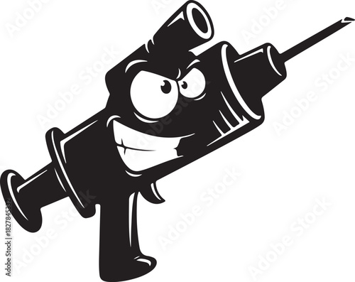 Mischievous cartoon syringe character illustration with a cheeky grin and playful expression