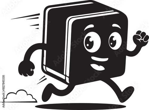 Running cartoon square character with eyes on lined paper background, retro speed mascot