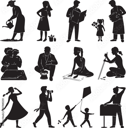 Silhouettes of people engaged in various activities in a flat design