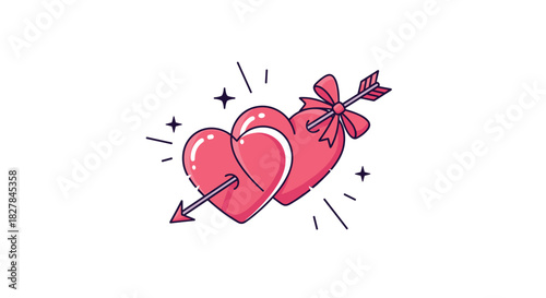 Two intertwined pink hearts pierced by an arrow and tied with a sweet bow sparkle brightly against a clean white background.
