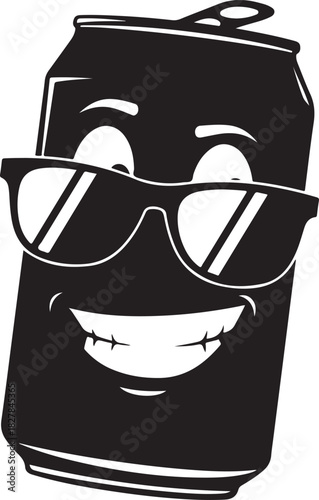 Cool beverage can character with stylish sunglasses and a cheerful smile, vector graphic illustration