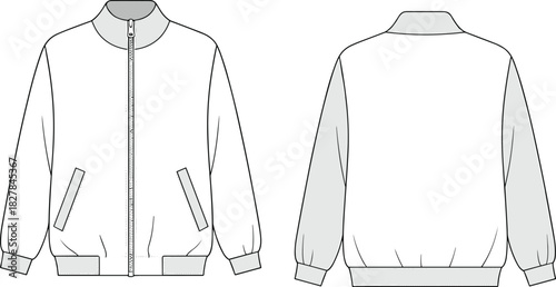 cad drawing flat vector illustration, zip front jacket sketch, ribbed collar cuffs hem, welt pockets, fashion template, garment construction