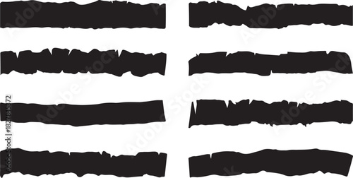 Eight black ripped strips in a row show textured rough edges against a transparent background