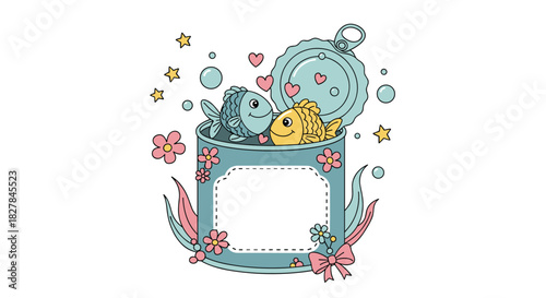 Two adorable fish swim happily in a decorative tin can adorned with charming flowers hearts and stars creating a sweet frame.