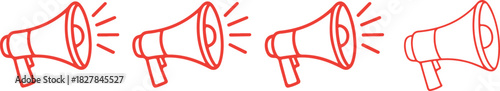 Four red bullhorn icons with sound waves are aligned on a white background