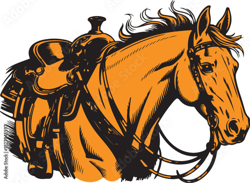 Golden horse head portrait with saddle shows strong western equestrian theme and spirit