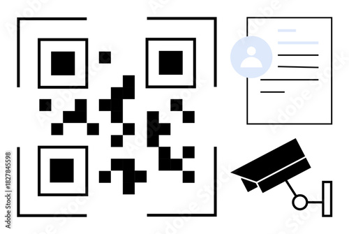 QR code, CCTV camera, and user profile document representing themes thumbs up data security, privacy, monitoring, identity verification, digital authentication, technology and surveillance. A simple