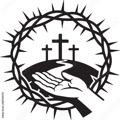 Hand offering path towards three crosses framed by thorny crown is on transparent background