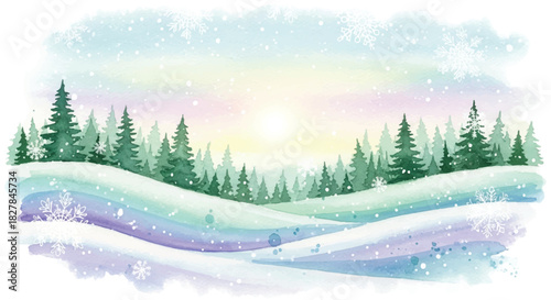 Winter forest landscape with snow falling gently.