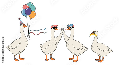 Humorous cartoon geese celebrate with balloons high-fives and a baguette showcasing playful personalities and festive fun.