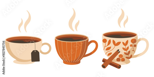 Autumn hot drink mugs. shown in warm earthy tones with cozy seasonal details perfect for fall artwork, lifestyle visuals, and home decor design applications