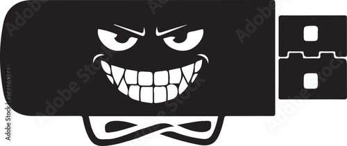 Digital villain: malicious usb flash drive with evil grin, crossed arms, data security threat