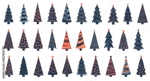 Diverse collection of stylized Christmas trees in various colors and patterns adorned with stars and string lights for festive decor.