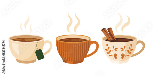 Autumn mugs featuring warm hot drinks, in cozy seasonal colors ideal for fall themed design projects, home decor visuals, and comforting lifestyle graphics