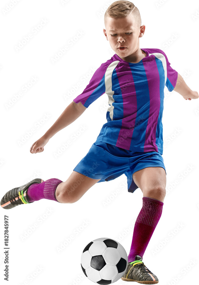 Obraz premium Young soccer player kicking ball on transparent background with determined emotion. Concept of youth football development, sports advertising, shooting drills, and coaching materials.